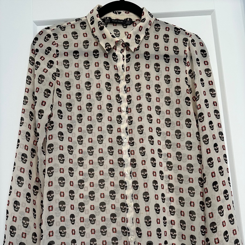 Zara Button Down Sheer Skull Top